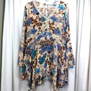 Umgee Womens Dress Boho Floral Border Print Long Sleeve Peasant Multicolor SzMed